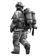 Fototapeta premium Firefighter in uniform walking away, equipped with air tank, showcasing bravery and readiness for emergency response , PNG , transparent background