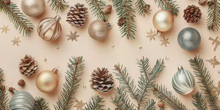 Stilvolle Weihnachtskomposition mit Vintage-Dekorationen, Kugeln, Tannenzweigen auf beigem Hintergrund, &auml;sthetische Weihnachtskartenvorlage