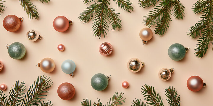 Stilvolle Weihnachtskomposition mit Vintage-Dekorationen, Kugeln, Tannenzweigen auf beigem Hintergrund, &auml;sthetische Weihnachtskartenvorlage