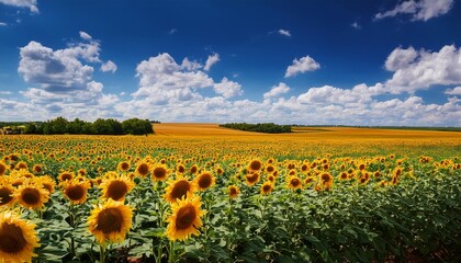 A countryside field with rows of blooming sunflowers under a bright, blue sky dotted with fluffy white clouds