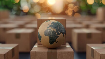Conceptual image of global cross border e commerce with various shipping and logistics options such as packages containers and transportation in a blurred background