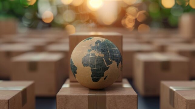 Conceptual image of global cross border e commerce with various shipping and logistics options such as packages containers and transportation in a blurred background