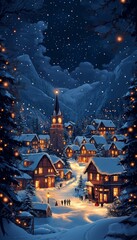 A picturesque winter village illuminated under a starry night sky, surrounded by snowy mountains and warm, cozy homes.