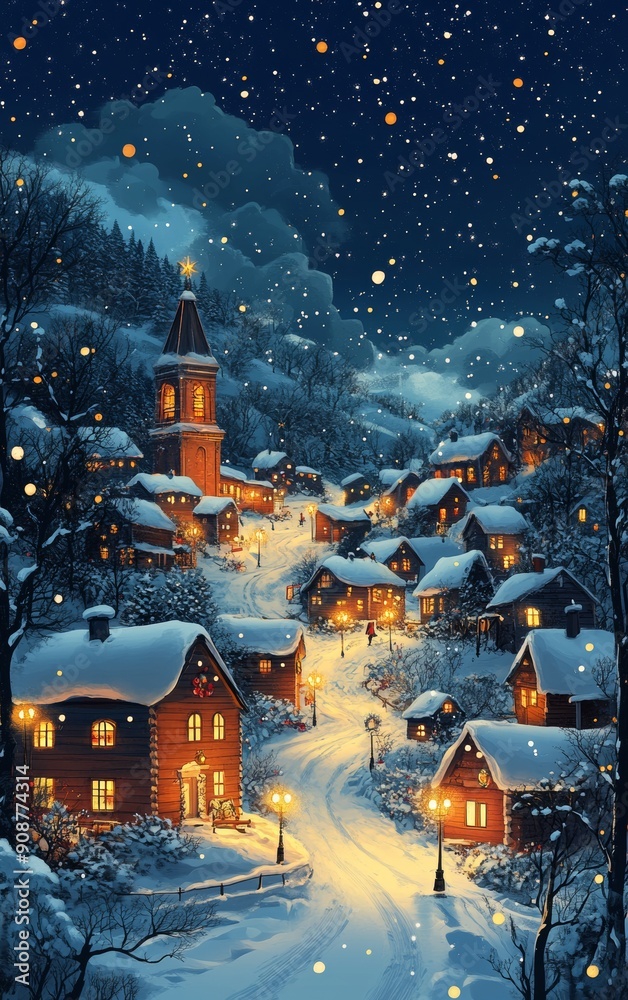 Sticker A serene snowy village at night, illuminated by warm lights and drifting snowflakes under a starlit sky.