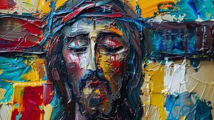 Fototapeta premium Close-up of an abstract representation of Jesus on the cross with expressive lines and colors