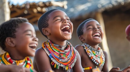 Three Ndebele children laugh and play traditional games, showcasing their vibrant culture in a village setting