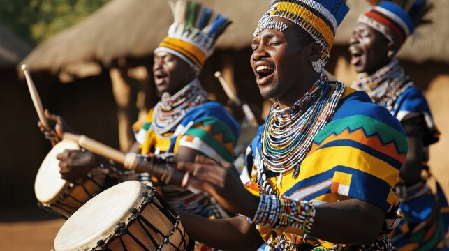 Ndebele men showcase their heritage through energetic dance and drumming, adorned in colorful attire during a cultural event