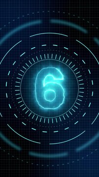 High tech digital countdown from 10 to 1. Glitch transition 4k animation. HUD style futuristic technology video.