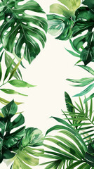 Naklejka premium Aesthetic watercolor frame with green tropical leaves, copy space, light background, foliage template. Generative AI
