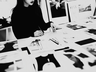 Korean female director of a clothing brand working on a moodboard, black and white.