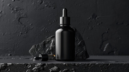 Dark minimalist mockup of glass bottle with pipette on black surface. Made with generative ai
