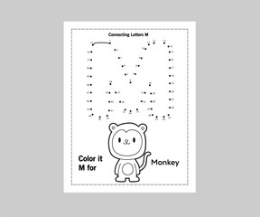 Alphabet Letter M | Alphabet Letter Tracing | Alphabet Letter Dot-To-Dots | Connecting Letter | Alphabet coloring worksheets | Writing practice for children | Coloring book | Vector illustration