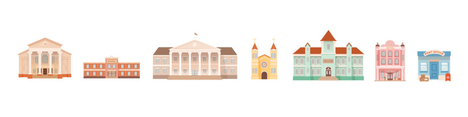 City building illustrations set. Exterior facades of university government school college hotel post office church theatre. Urban infrastructure infographics.