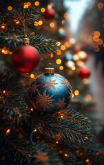 Beautifully decorated Christmas tree with colorful ornaments and warm lights, creating a festive holiday atmosphere.