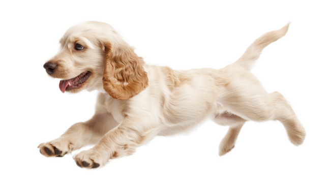 English cocker spaniel dog is jumping . Cute playful white doggy jumping, isolated on transparency background