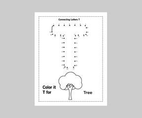 Alphabet Letter T | Alphabet Letter Tracing | Alphabet Letter Dot-To-Dots | Connecting Letter | Alphabet coloring worksheets | Writing practice for children | Coloring book | Vector illustration