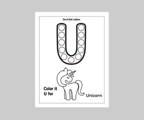 Alphabet Letter U | Alphabet Letter Tracing | Alphabet Letter Dot-To-Dots | Connecting Letter | Alphabet coloring worksheets | Writing practice for children | Coloring book | Vector illustration