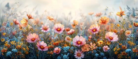 A vibrant field of colorful flowers in full bloom, capturing the beauty of nature in a serene landscape at sunrise.