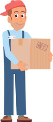 Fototapeta premium Shipping service worker hold cardboard box. Cartoon character