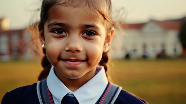 Portrait of a schoolgirl in uniform. The little girl looks at the camera. School yard outdoor background. Education concept. Elementary class student. Female pupil smile. Back to school.