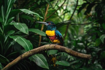Obraz premium Colorful bird perched on branch in lush greenery