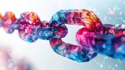 A vibrant, colorful chain link made of translucent material, symbolizing strength and connection in a dreamy background.