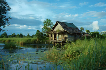 House on poles at the edge of a lake with verdant green reeds. Remote farmhouse located in a wetland.