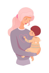 Happy single mother holding baby in hands. Care young mom with infant. Modern woman carrying little child. Colored flat vector illustration isolated on white background.