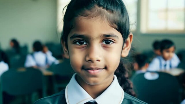 Portrait of a schoolgirl in uniform. The little girl looks at the camera. School classroom background. Education concept. Elementary class student. Female pupil smile.
