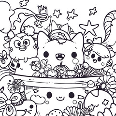 Fototapeta premium Adorable Bunny Coloring Page Illustration for Kids with Detailed Floral Scene 