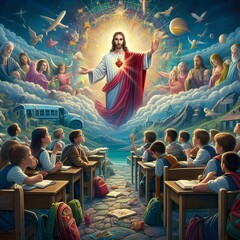 Jesus Christ Teaching Children in a Classroom Setting with a Heavenly Backdrop