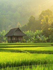 Fototapeta premium A panoramic image of a traditional rice field with a rustic wooden hut and a few farmers working in the field
