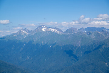View of rocky mountains and forest on a sunny summer day