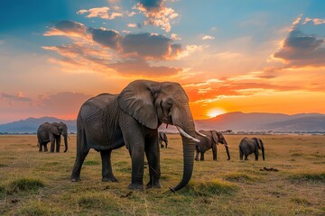 Naklejka premium Sunset savanna scene with elephants, warm sky backdrop
