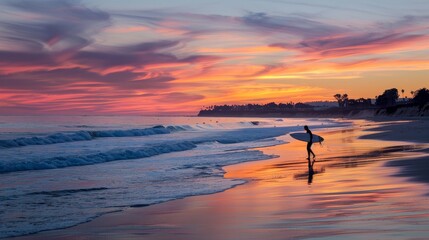 Fototapeta premium A serene beach scene at sunset, with gentle waves lapping at the shore