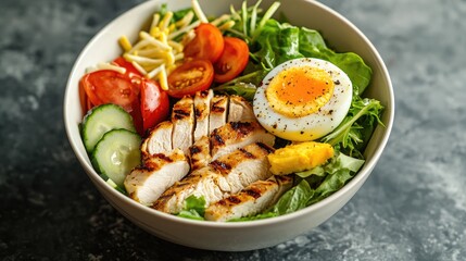 salad, chicken, grilled egg. Selective focus