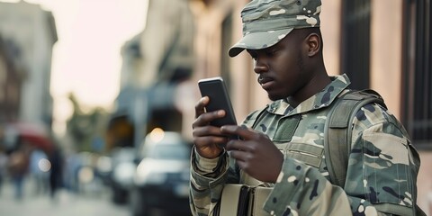 A man in a military uniform is looking at his cell phone. The scene is set in a city street with cars and people walking around