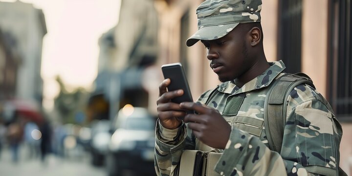 A man in a military uniform is looking at his cell phone. The scene is set in a city street with cars and people walking around