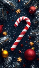 Festive candy cane surrounded by Christmas ornaments, snowflakes, and pine branches, capturing the holiday spirit beautifully.