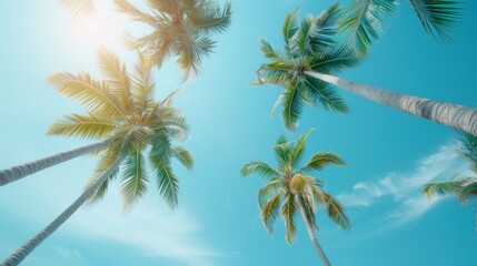 A vibrant view of palm trees against a bright blue sky, capturing the essence of tropical paradise and relaxation.