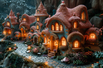 Fototapeta premium Enchanting Fairy Tale Village at Night. Fantasy scenery backdrop