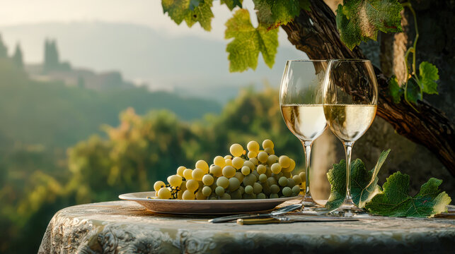 An idyllic scene from an Italian vineyard Two wine glasses and a plate of fresh grapes in the foreground with a picturesque vineyard stretching out in the background. Perfect for showcasing the romanc
