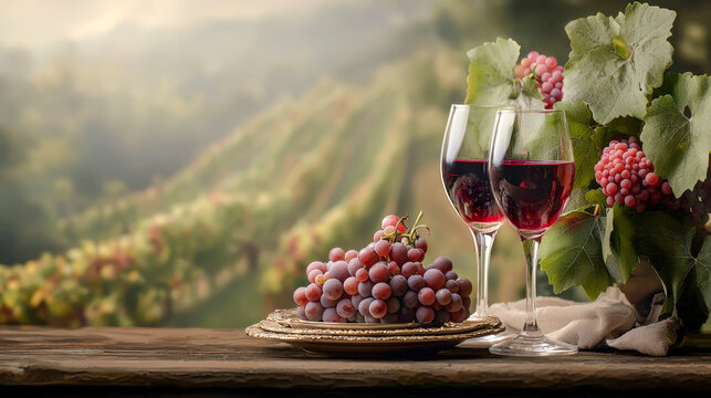 An idyllic scene from an Italian vineyard Two wine glasses and a plate of fresh grapes in the foreground with a picturesque vineyard stretching out in the background. Perfect for showcasing the romanc