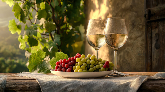 An idyllic scene from an Italian vineyard Two wine glasses and a plate of fresh grapes in the foreground with a picturesque vineyard stretching out in the background. Perfect for showcasing the romanc