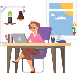 Woman working at desk in daylight. Work space interior