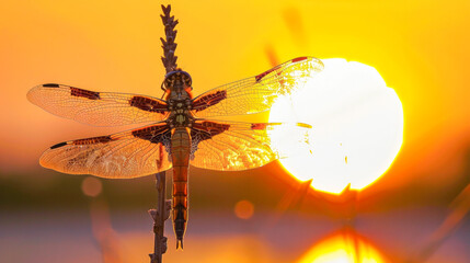 Dragonfly resting on a branch at sunset
