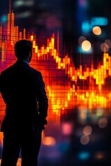 Fototapeta premium 株式市場チャートを背景にした心配を抱えたトレーダーのシルエット
