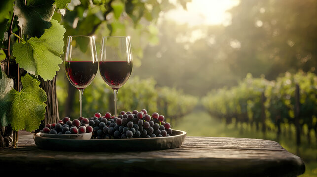 An idyllic scene from an Italian vineyard Two wine glasses and a plate of fresh grapes in the foreground with a picturesque vineyard stretching out in the background. Perfect for showcasing the romanc