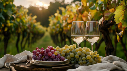 An idyllic scene from an Italian vineyard Two wine glasses and a plate of fresh grapes in the foreground with a picturesque vineyard stretching out in the background. Perfect for showcasing the romanc