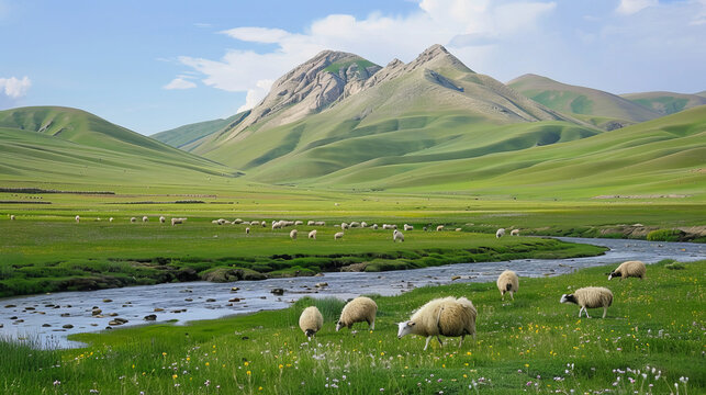 Sheep Grazing by Mountain Stream